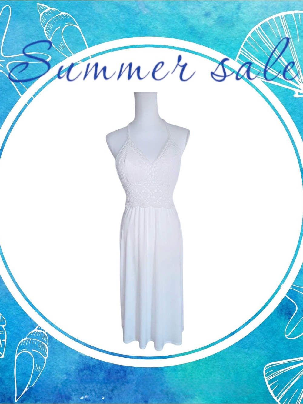 Women White Crochet Cotton Dress the same with Elastic Waistband